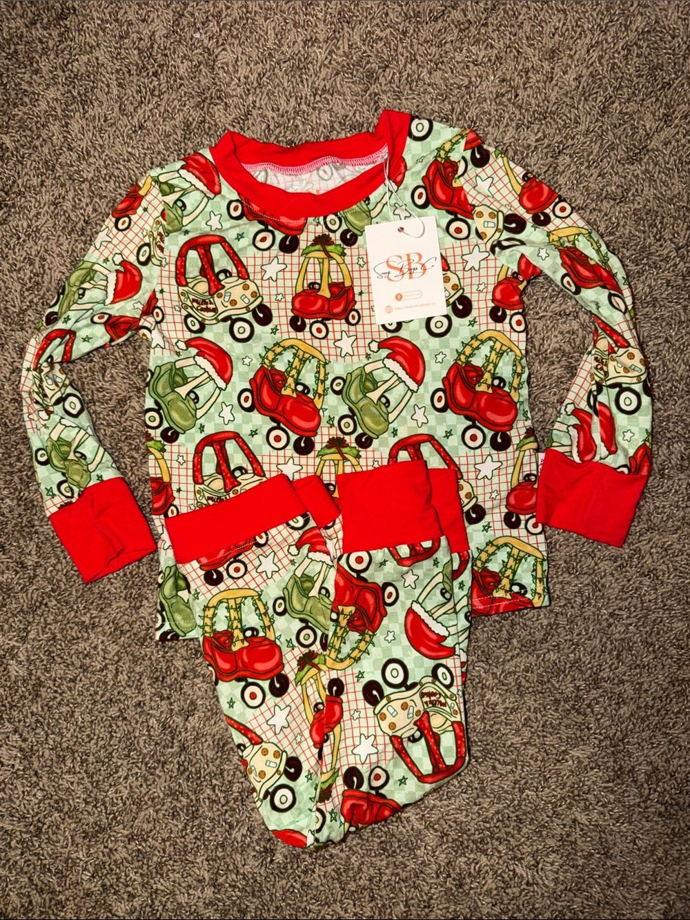 Kids Red & Green Cozy Coupe Car Print Long Sleeve Pajama Set in Bamboo!